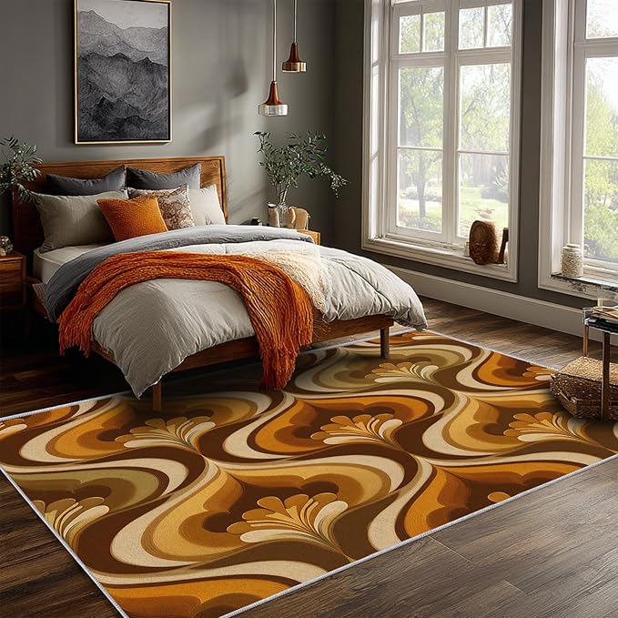 Retro 70s Area Rug 2x3, Mid Century Floral Geometric Rug, Burnt Orange Brown Vintage Carpet for Living Room Bedroom, Non-Slip Washable Area Rug