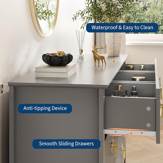 GarveeHome Fluted Dresser for Bedroom, 54 Inch Wide 7-Drawer Wood Dresser, Modern Chest of Drawers, Storage Organizer Cabinet for Living Room, Hallway, Entryway, Grey