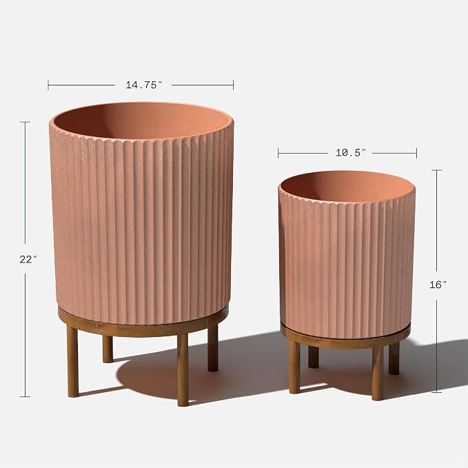 Veradek Demi Series Round Planter w/Stand for Porch/Patio | Durable Plastic-Stone Composite & Wooden Stand | Modern Décor for Tall Plants, Flowers