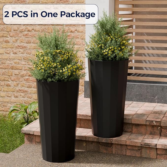 23.6" Tall Outdoor Planters Set of 2, Large Planters for Outdoor Plants for Porch Decor with Drainage Hole, Wide Stripe Design Porch Flower Pots for Indoor Pot Patio/Garden, Black