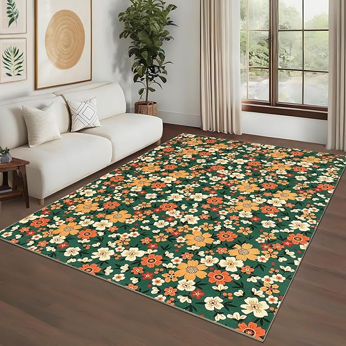 9x12 Area Rug Washable Modern Floral Rug for Living Room Low Pile Soft Bedroom Rugs Non Slip Modern Indoor Large Carpet Thin Foldable Floral Carpet for Nursery Dining Playroom, Green