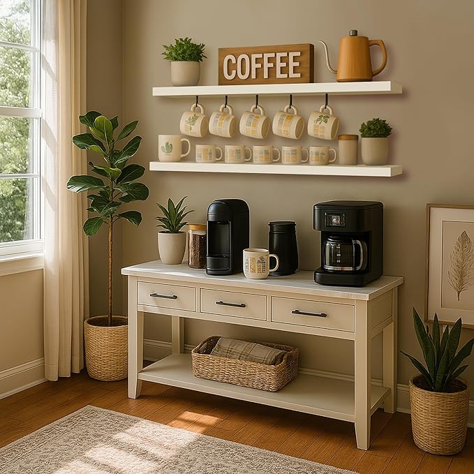 BGMG Wood Floating Shelves for Wall 60 inch Set of 2,White Floating Shelves,Solid Wood Wall Mount Shelves for Living Room Bedroom Kitchen Farmhouse -60x6.7x1.75 inch