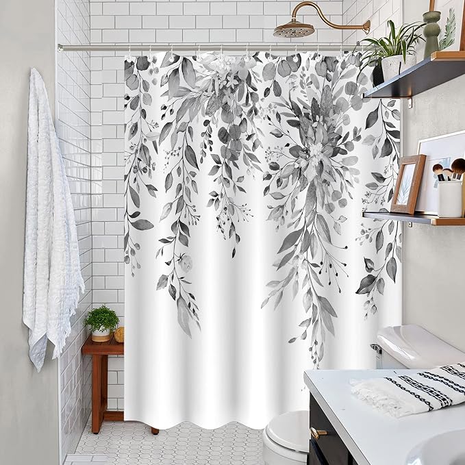 Gray and White Eucalyptus Shower Curtain Watercolor Grey Floral Plant Leaf Shower Curtains for Bathroom Botanical Flower Waterproof Fabric Bath Curtain Decor with Hooks (Black, 72'' x 72'')