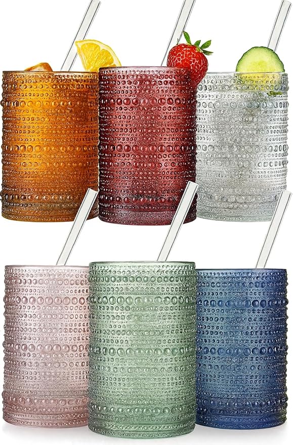 Khen Hobnail Drinking Glasses & Straws, 6x Neutral Muted Colors 14oz Vintage Glassware Set of 6 Embossed Vintage Water Cups, Highball Glasses for Cocktail, Whiskey, Beer & Juice, Dishwasher Safe Gift