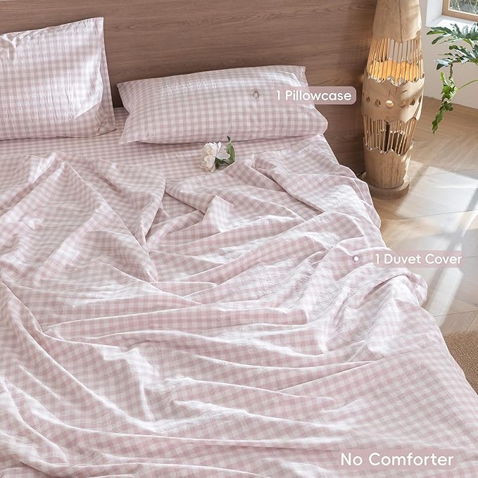 MooMee Gingham Duvet Cover Set 100% Washed Cotton Linen Like Textured Breathable Durable Soft Comfy Modern Checkered Design (Classic Gingham Greyish Pink, Twin 68"x90")