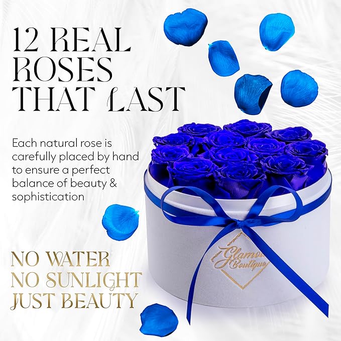 GLAMOUR BOUTIQUE Flower Forever Gift Box 12 Real Preserved Roses in Round Velvet White Box, Handmade, Rose Petals, Birthday, Marriage, Anniversary, Graduation - Blue