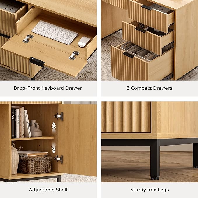 55" Fluted Executive Desk, Modern Home Office Desk with Charging Station, Keyboard Tray, File Drawer, Storage Cabinet for Work Study Writing Desk, Natural Oak
