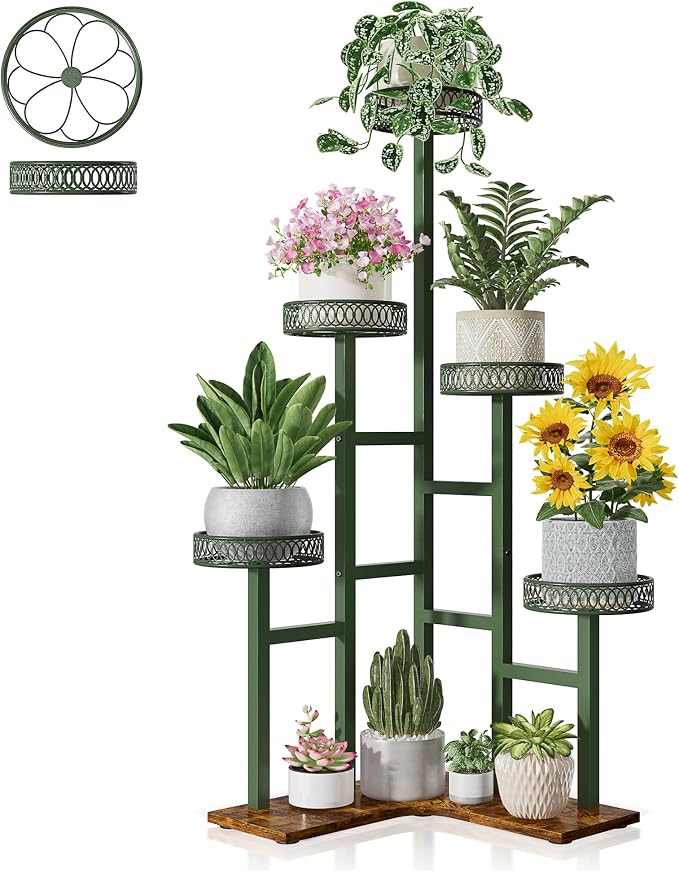 Wood Corner Stand Plants, 5 Tiered Wood Plant Stands Tall Indoor,Heavy Duty Metal Flower Pot Stands for Multiple Plants,Decoration Display Racks for Patio Garden -GreenFlower