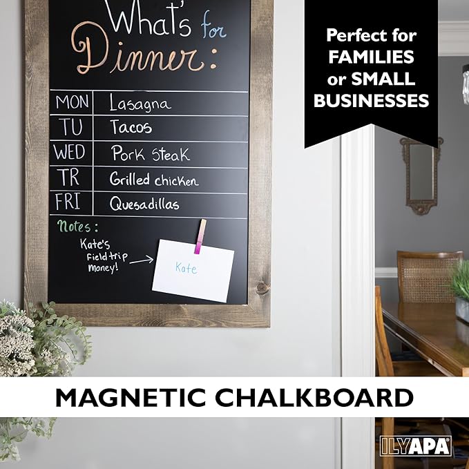 Ilyapa Extra Large Black Magnet Board for Wall - 58 x 25 Inch Wood Wall Hanging Menu for Restaurant, Food Truck, Kitchen or First Day, Barnwood Color