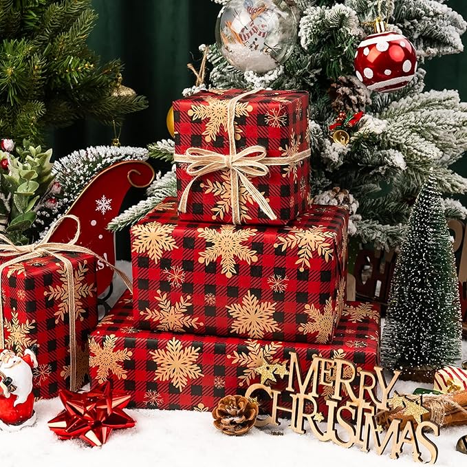 MAYPLUSS Kraft Christmas Wrapping Paper Roll - 17 Inch X 33 Feet - Recyclable Snowflake on Red Buffalo Plaid Kraft Birthday Winter Holiday Gift Wrap Sheet for Party DIY Craft Festive Decoration