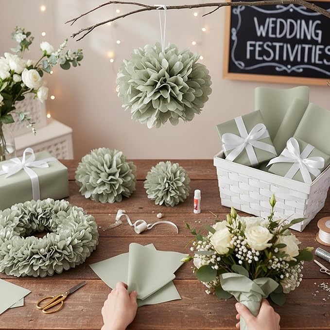 Qilery 500 Sheets Sage Green Tissue Paper Bulk 15 x 20 Inch Acid Free Christmas Wedding Flower Wrapping Packing Paper Sheets for Crafts, Gift, Arts Flower, Baby Shower Birthday Party Favor Decoration