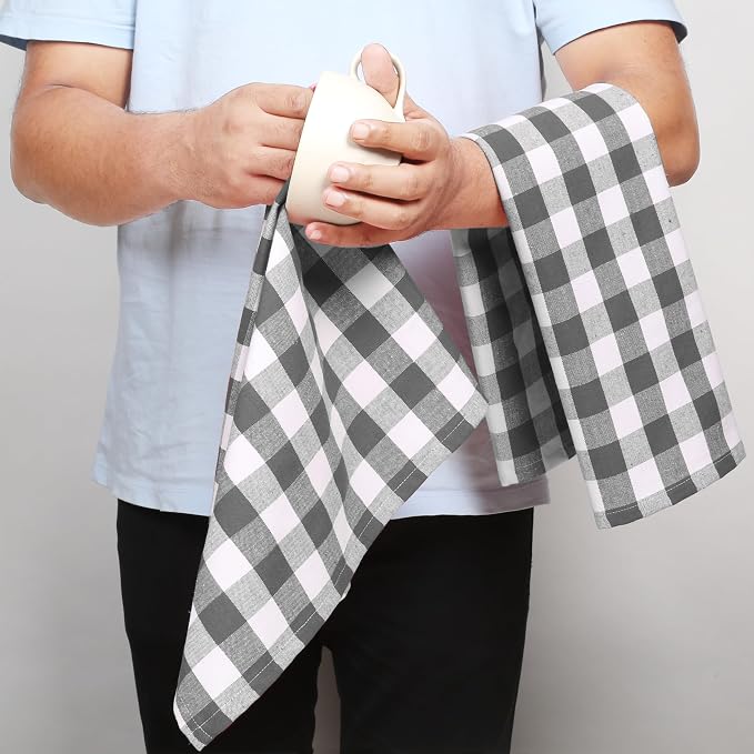 Gingham Check Kitchen Towels, 4 Pack, 16x26 Inches, 100% Cotton - Soft, Highly Absorbent, Quick Drying, Dish Towels for Drying Dishes, Glasswares, Cleaning, Wiping Hands, Grey White