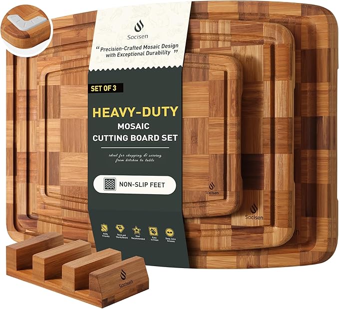 3 Pack Bamboo Cutting Board Set Non Toxic Wooden Cutting Board for Kitchen Non Slip Solid End Grain Thick Wood Juice Groove Chopping Board Edge Grain Teak Smart Marble Flexible Round Stone Metal