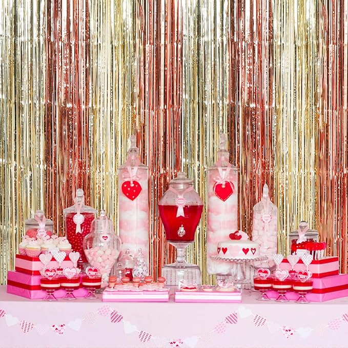 TONIFUL Valentine's Day Door Streamers,Rose Gold and Light Gold Photo Booth Backdrop Metallic Streamers Foil Fringe Curtain for Birthday Bridal Shower Engagement Party Decoration