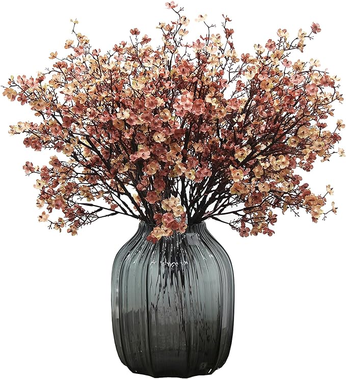 JAKY-Global Babys Breath Silk Artificial Flowers Bulk With Vase 10pcs for Fall Decor Fake flower bouquet Home Kitchen Indoor Bouquet Floral Arrangement Table Centerpieces Decor(Beige Brown Vase)