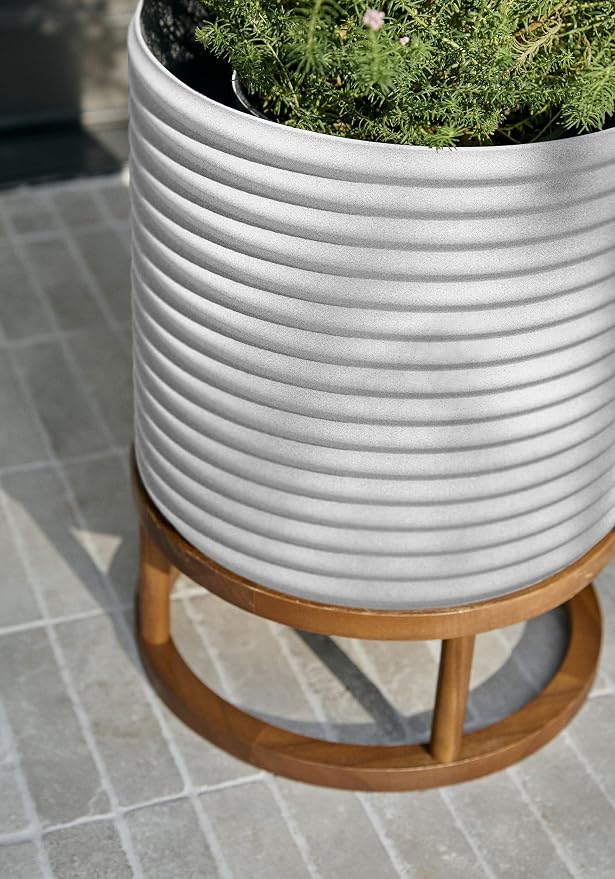 Veradek Mod Series Raised 13" Short Planter for Patio & Backyard | Durable Plastic-Stone Material w/Wooden Stand | Modern Décor for Plants & Flowers