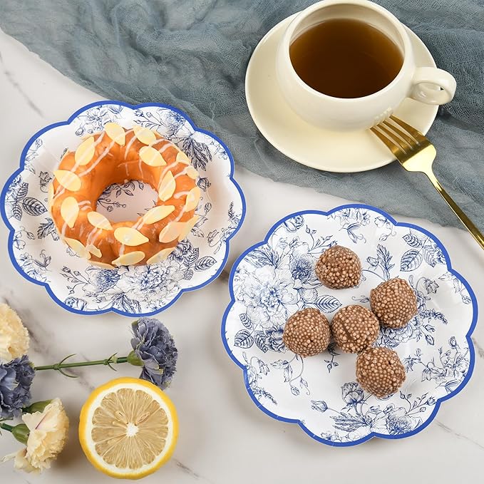 Blue Floral Party Plates - Vintage Leaf Disposable Paper Plates, Wildflower Toile 7" Scalloped Rim Dessert Plates for Christmas, Birthday, Bridal Tea Party Supplies (24 Count)