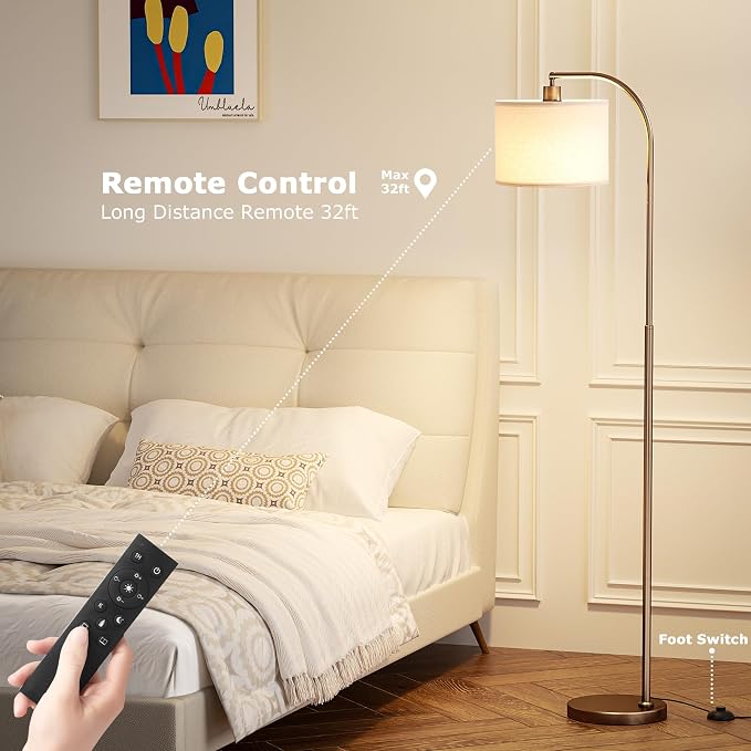 Ambimall Arc Floor Lamp with Remote and Stepless Dimmable Bulb, Colors Temperature & Brightness Adjustable, Floor Lamps for Living Room（Deep Beige Shade & Brown Pole）