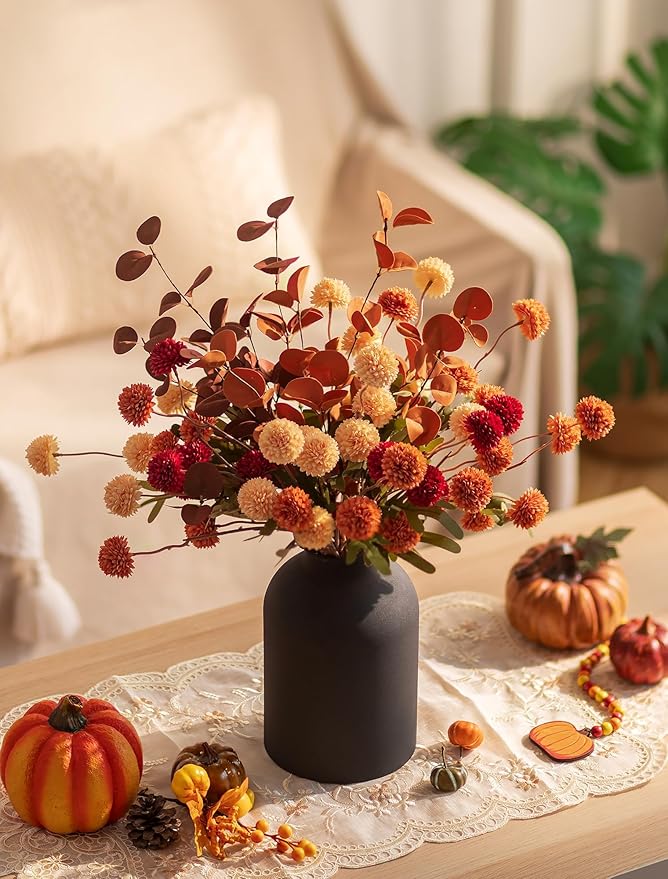 BLOSMON Flower Centerpiece Table Decorations: Metal Vase with 12 Stems of Fake Mums Kiku Flowers Eucalyptuses for Home Dining Room - Burnt Orange Artificial Pom Poms Floral Arrangement in Vase