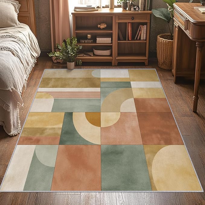 2x3 Mid Century Modern Throw Rugs for Entryway, Washable Abstract Geometric Pattern Indoor Door Mat, Bedroom Kitchen Entrance, Non Slip Soft Thin, Mid Century Decor Small Area Rug PF-P 117