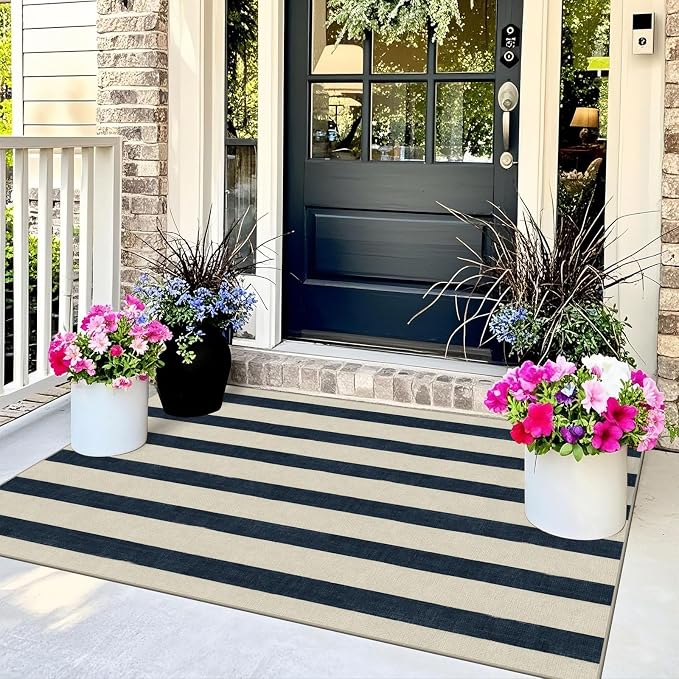 Blue and White Striped Entry Rug - 3x5 Ft Washable Indoor Outdoor Front Door Mat Outside Entrance Front Porch Mat Non-Slip Floor Carpet for Bedroom Entryway Kitchen Office Porch Decor