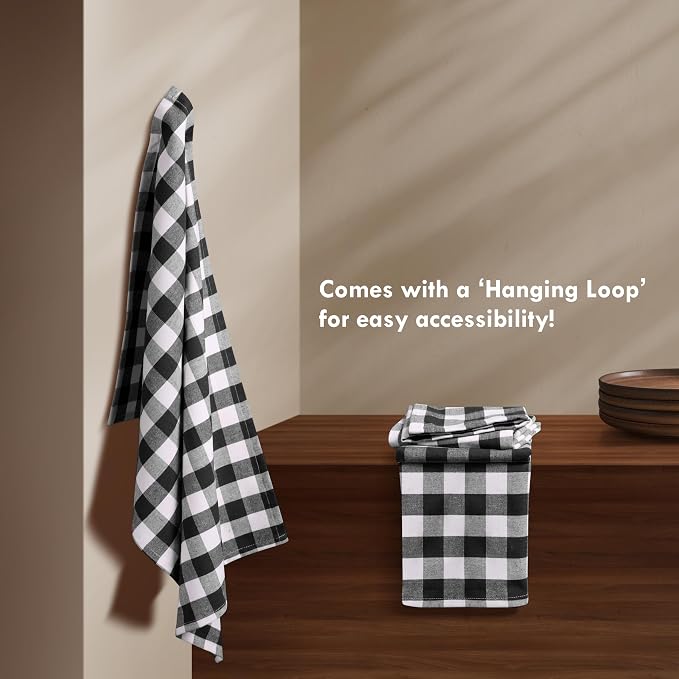 Gingham Checked Dish Towels 12 Pack, 18x26 Inches, Quick Dry Towels for Kitchen, Reusable, Absorbent Wash Cloths Set, Washable Fabric, Heavy Duty for Daily Use - Black and White