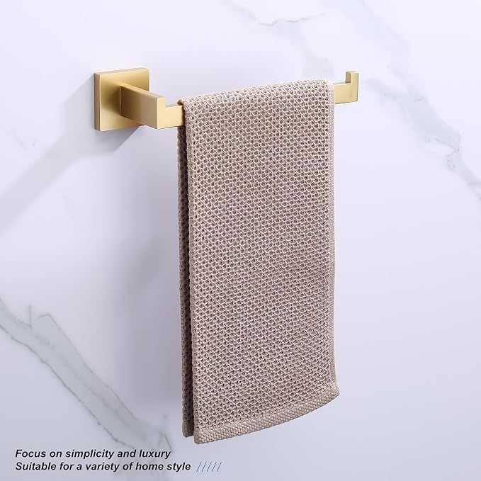 TASTOS Premium Stainless Steel Hand Towel Holder, Square Hand Towel Ring Heavy Duty Wall Mounted Modern Hand Towel Bar for Bathroom Kitchen, Brushed Gold