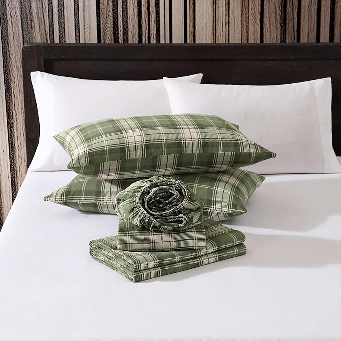 Eddie Bauer - Twin Bed Sheets, Cotton Flannel Bedding Set with Matching Pillowcase, Brushed for Extra Softness, Deep Pocket, Oeko-Tex Certified (Heartland Plaid Green)