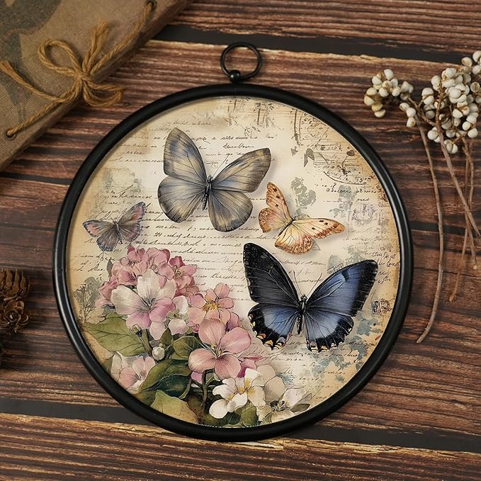 XIAOAIKA Round Vintage Wall Hanging Decor, Printed Textured Surface with Wood Back, Butterfly Design, Black Metal Frame, Ready to Hang for Living Room Bedroom, 10 Inch