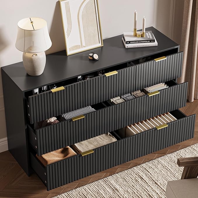 3-Piece Dresser Bedroom Set, 7 Drawer Dresser & 3 Drawer Nightstands with Gold Handles, Fluted Wood Chest of Drawers for Bedroom, Living Room, Entryway, Black