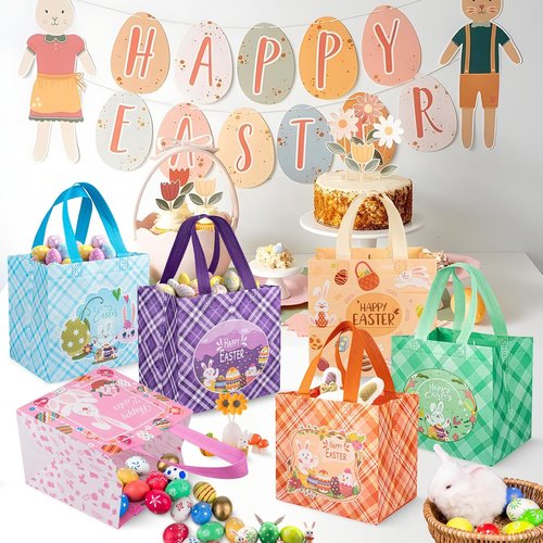 Regine Switzerland Easter Gift Bags - Reusable Bunny Tote Bags for Egg Hunt | 6-Pack with Handles