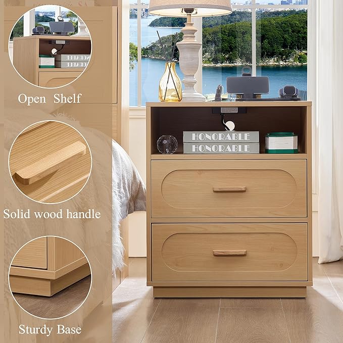 Nightstand with Charging Station, Modern End Table with 2 Drawers Storage, Space-Saving Wood Storage Cabinet with Unique Base Design, Bedside Table for Bedroom, Living Room, Natural Oak