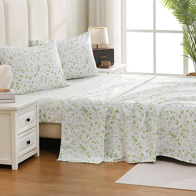 Bedlifes King Size Extra Deep Pocket Sheet Sets - Fits Mattresses Up to 18-24" Thick, 4-Piece Microfiber Set with 1800 Thread Count, Soft, Smooth, Breathable, Featuring Cute Printed Green Floral