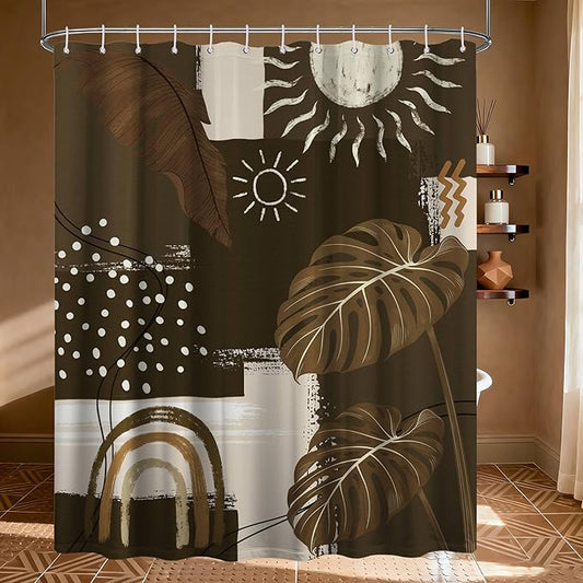 Dark Brown Mid Century Modern Shower Curtain Boho Abstract Khaki Earth Tone Shower Curtains for Bathroom Decor Sets, Waterproof Cloth Fabric with Hooks, 70 x 96 Inch