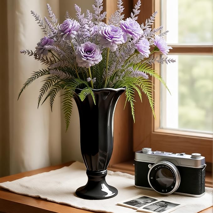 Black Fluted Ceramic Vase with Pedestal Base, 10 Inch Tall Modern Flower Vase for Dining Table Decor, Centerpieces, Countertops, Decorative Vases for Home Decor, Living Room, Kitchen, Wedding