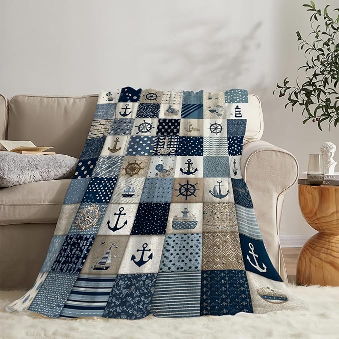 Nautical Blanket Ocean Sea Throw Blanket Sailboat Anchor Soft Cozy Fleece Fuzzy Stuffed Plush Flannel Gifts for Girls Women Boys Kids Adults 50"X60"