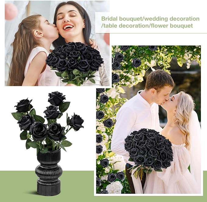 30 Pcs Rose Artificial Flowers in Bulk Real Touch Long Stem Silk Roses Bouquets Realistic Faux Flowers for Wedding Bridal Shower Home Decor Floral Arrangements Table Centerpiece(Black)