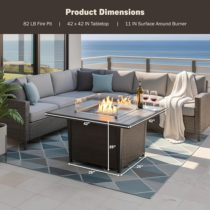 42'' Propane Fire Pit Table, 50,000 BTU Outdoor Gas Fire Table with Lid, Square Aluminum Fire Table with Wind Guard and Weather Cover, 2 in 1 Rattan Firepit Table for Outside Patio, Backyard, Gray