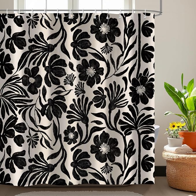 Black Boho Vintage Floral Shower Curtain，Mid Century Modern Retro Cute Abstract Flower Leaves Aesthetic Bathroom Decoration，Polyester Fabric Waterproof Bath Curtain 72x72 Inch with 12 Hooks