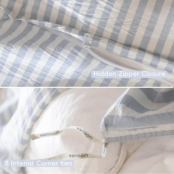 MooMee Striped Duvet Cover Set 100% Washed Cotton Linen Like Textured Breathable Durable Soft Comfy (Cornflower Blue White Classic Stripes, Alaska King 132"x120")