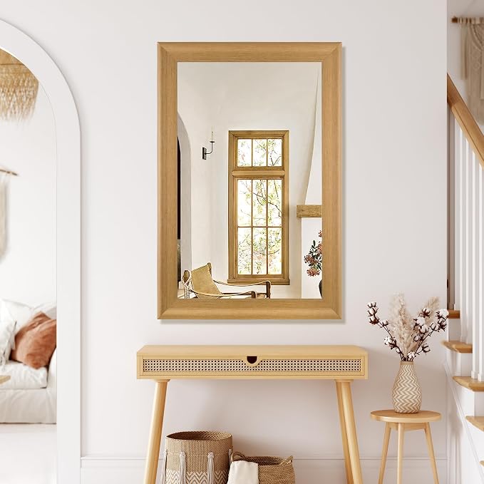 CULER Natural Wall Mirror for Bathroom,Rectangle 24 x 36 inch Hanging Vanity Mirrors with Wood Grain Frame for Living Room,Bedroom,Entryway