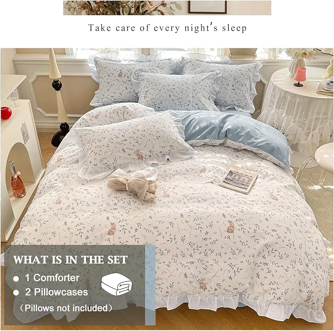 VM VOUGEMARKET Queen Comforter Set White Blue Girls Romantic Ruffle Comforter with 2 Pillow Shams Vintage Cozy Bed Comforter Set for All Seasons(Queen,Rabbit)