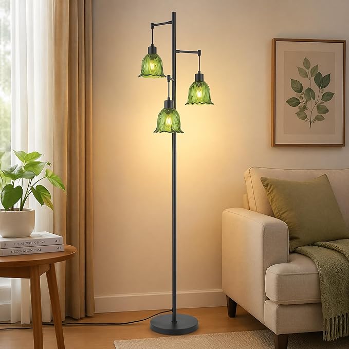 Green Glass Flower Floor Lamp,3 Light Tree Standing Lamp for Living Room Bedroom,Mid Century Modern Tall Floor Lamps Vintage Retro Boho Bohemian Home Office Decor Lamp Shade-Black