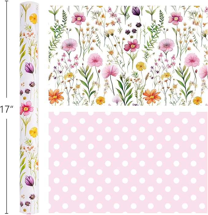 Burymento Flowers Wrapping Paper, Reversible Wave Point Gift Wrap for Birthday, Valentines, Mothers day, Graduation, Wedding, Fathers day, Baby Shower, Christmas (17in x 16.4ft)