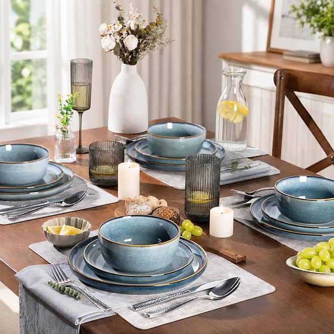 GBHOME Ceramic Dinnerware Sets for 8, 24 Pieces Stoneware Plates and Bowls Sets, Scratch Resistant Dishes, Dishwasher & Microwave Safe, Reactive Glaze-Space Blue