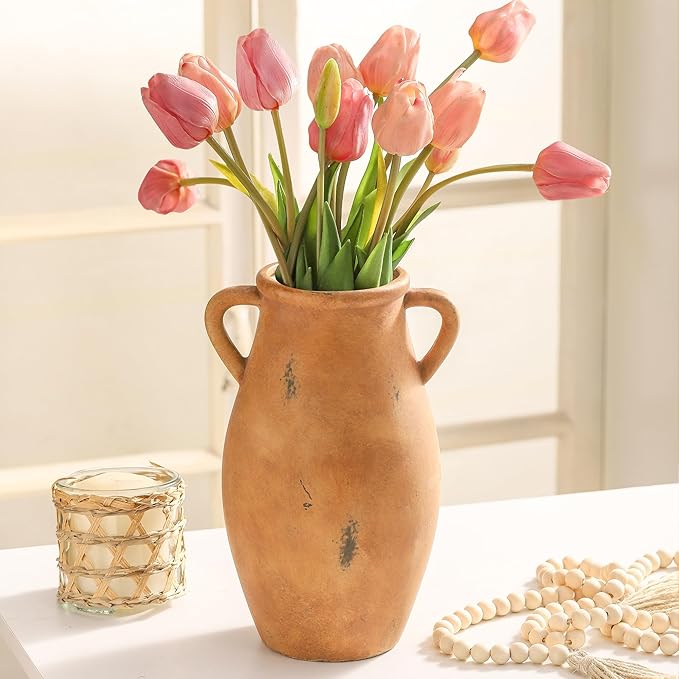 Large Ceramic Flower Vase,11.3 inch Terracotta Vase with 2 Handles, Rustic Farmhouse Vases, Decorative Pottery Flower Vases for Home Decor, Living Room Shelf Decor, Table