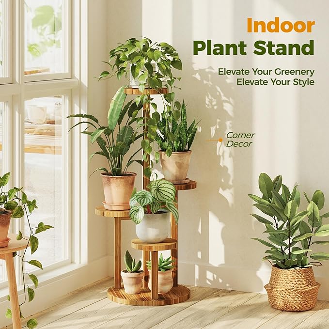 Bamworld Plant Stand Indoor Plant Shelf 4 Tier Wood Plant Stand for Multiple Plants Tall Corner Plant Stands for Outdoor Round Flower Stand Plant Holder for Living Room Patio Garden Balcony Brown