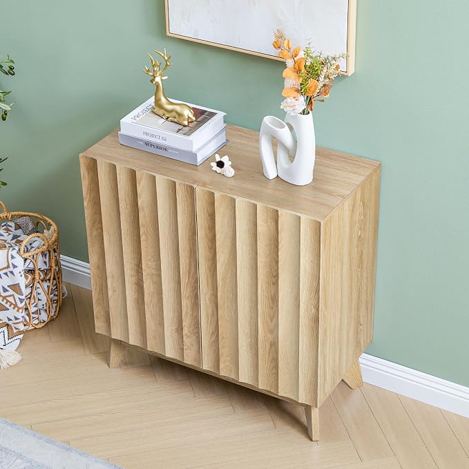 Bifins Sideboard Buffet Cabinet with Storage, 30.7" Mid Century Modern Fluted Storage Cabinet with Doors & Adjustable Shelves for Living Room,Kitchen,Entryway (Natural 1pc)