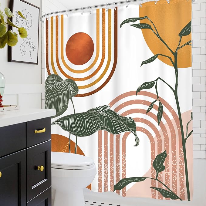 Glawry Orange Pink Boho Mid Century Shower Curtain Abstract Retro Tropical Palm Leaf Plant Sun Arch Minimalist Bathroom Geometric 72Wx72L Inches Bath Accessories Art Home Decor Fabric 12 Hooks