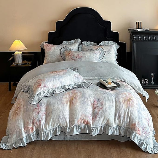 HighBuy Ruffle Duvet Cover Set King Blue Chic Blue Floral Bedding Set,100% Linen Cotton Natural Super Soft Comforter Cover,Comfortable Chic Lightweight - 1 Duvet Cover with 2 Pillowcase